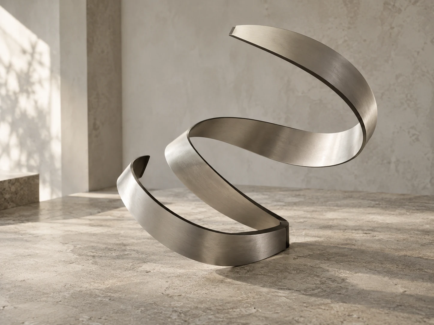 An open metal spiral balanced on a stone surface